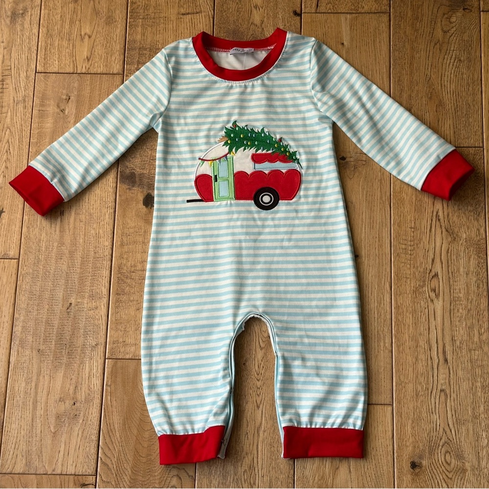 NEW Abby & Evie Blue Stripe Christmas Camper Van Appliqué Romper size 12 Months